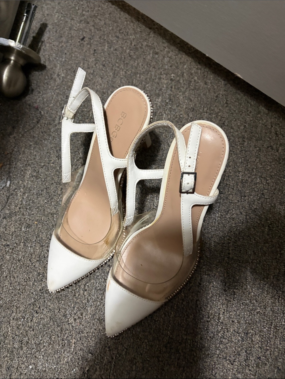 BCBG White and Clear Pointed-Toe Slingback Heels